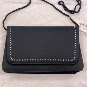 Black Evening Bag Satan & Crystals NWT wear as Clutch or w/ Shoulder strap